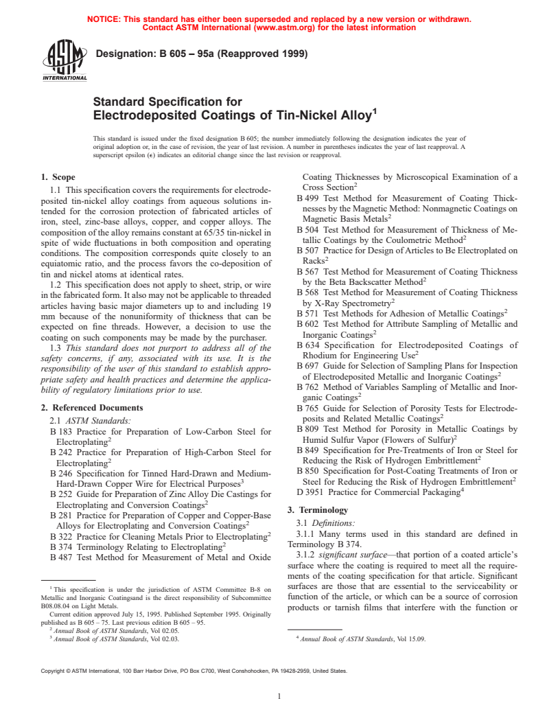 ASTM B605-95a(1999) - Standard Specification for Electrodeposited Coatings of Tin-Nickel Alloy