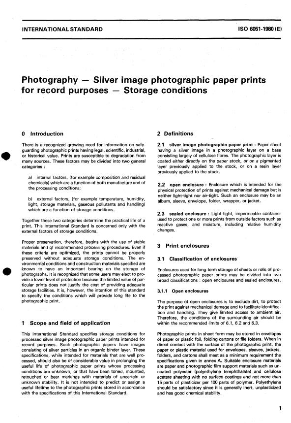 ISO 6051:1980 - Photography -- Silver image photographic paper prints for record purposes -- Storage conditions