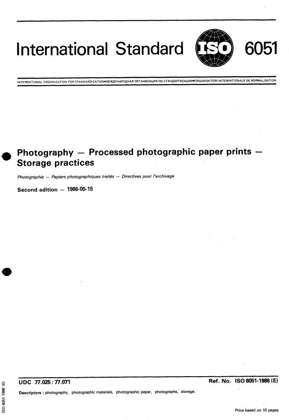 ISO 6051:1986 - Photography -- Processed photographic paper prints -- Storage practices