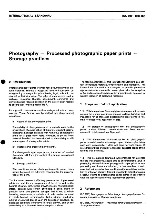 ISO 6051:1986 - Photography -- Processed photographic paper prints -- Storage practices