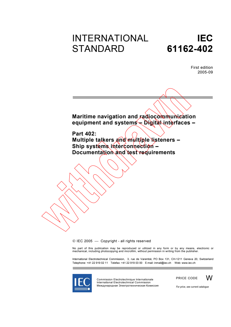 IEC 61162-402:2005 - Maritime navigation and radiocommunication equipment and systems - Digital interfaces - Part 402: Multiple talkers and multiple listeners - Ship systems interconnection - Documentation and test requirements
Released:9/26/2005
Isbn:283188232X