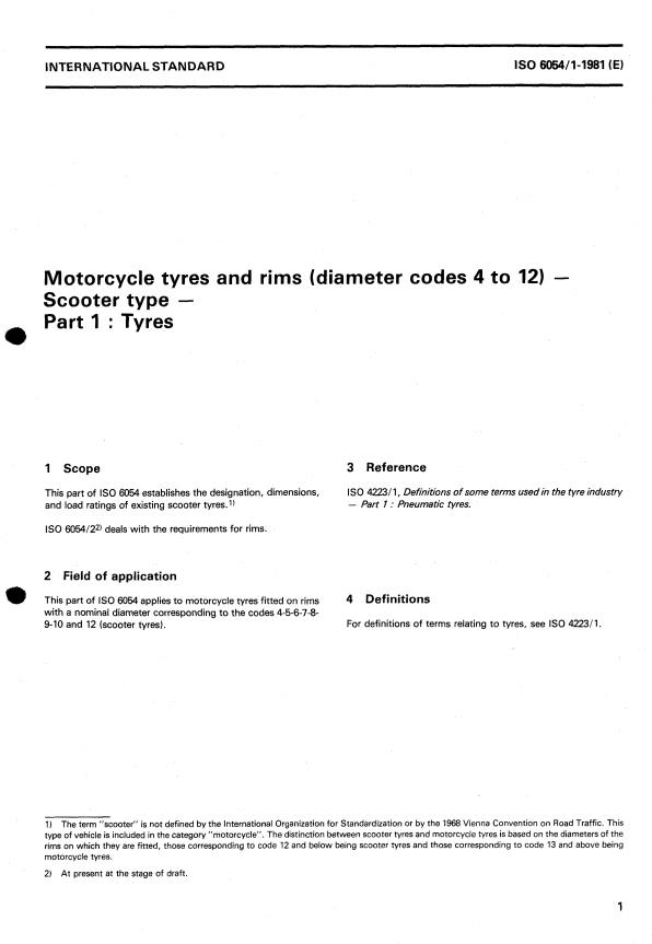 ISO 6054-1:1981 - Motorcycle tyres and rims (diameter codes 4 to 12) -- Scooter type