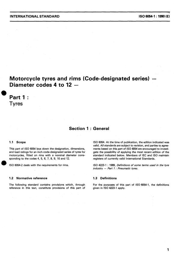 ISO 6054-1:1990 - Motorcycle tyres and rims (Code-designated series) -- Diameter codes 4 to 12