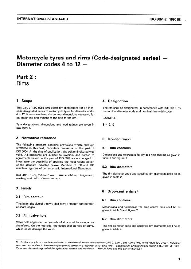 ISO 6054-2:1990 - Motorcycle tyres and rims (Code-designated series) -- Diameter codes 4 to 12