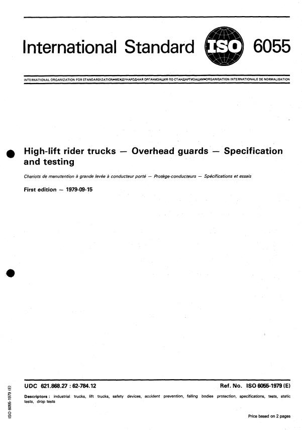 ISO 6055:1979 - High-lift rider trucks -- Overhead guards -- Specification and testing