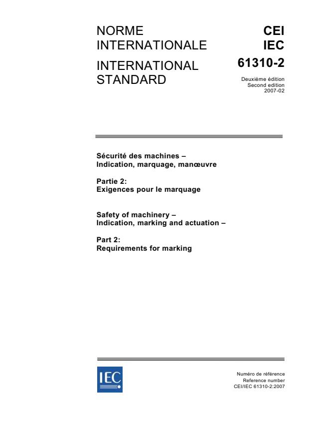 IEC 61310-2:2007 - Safety of machinery - Indication, marking and actuation - Part 2: Requirements for marking