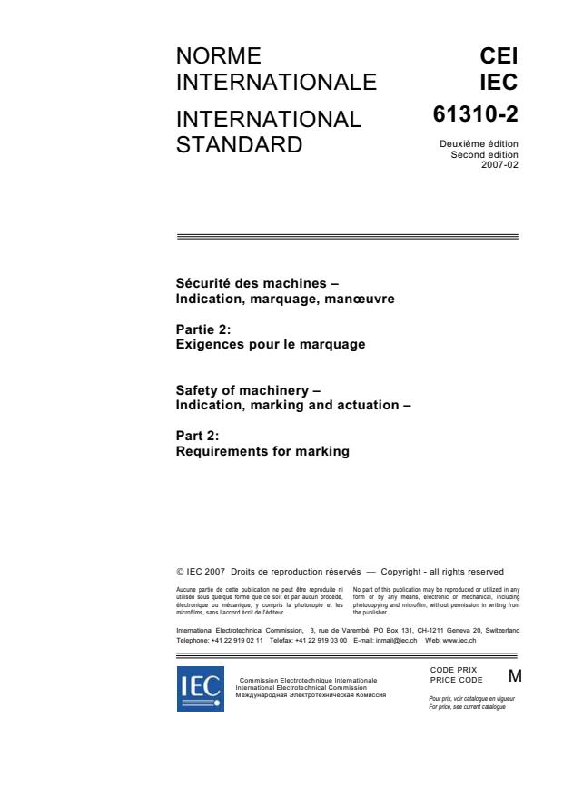 IEC 61310-2:2007 - Safety of machinery - Indication, marking and actuation - Part 2: Requirements for marking