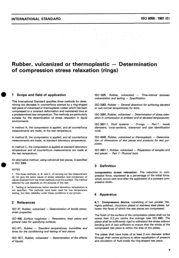 ISO 6056:1987 - Rubber, vulcanized or thermoplastic -- Determination of compression stress relaxation (rings)
