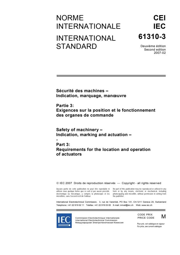 IEC 61310-3:2007 - Safety of machinery - Indication, marking and actuation - Part 3: Requirements for the location and operation of actuators