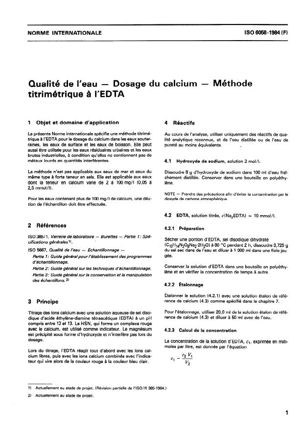 ISO 6058:1984 - Qualité de l'eau -- Dosage du calcium -- Méthode titrimétrique a l'EDTA