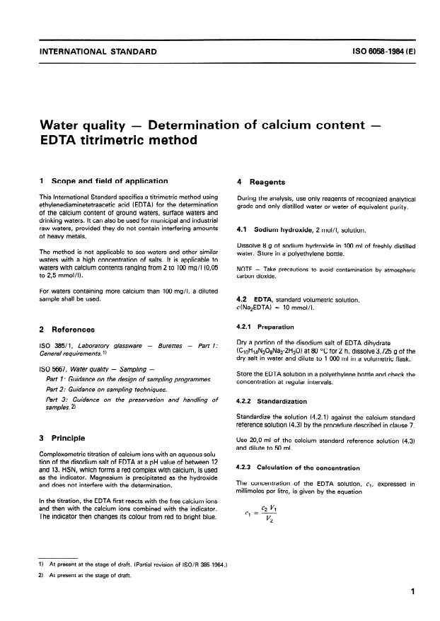 ISO 6058:1984 - Water quality -- Determination of calcium content -- EDTA titrimetric method