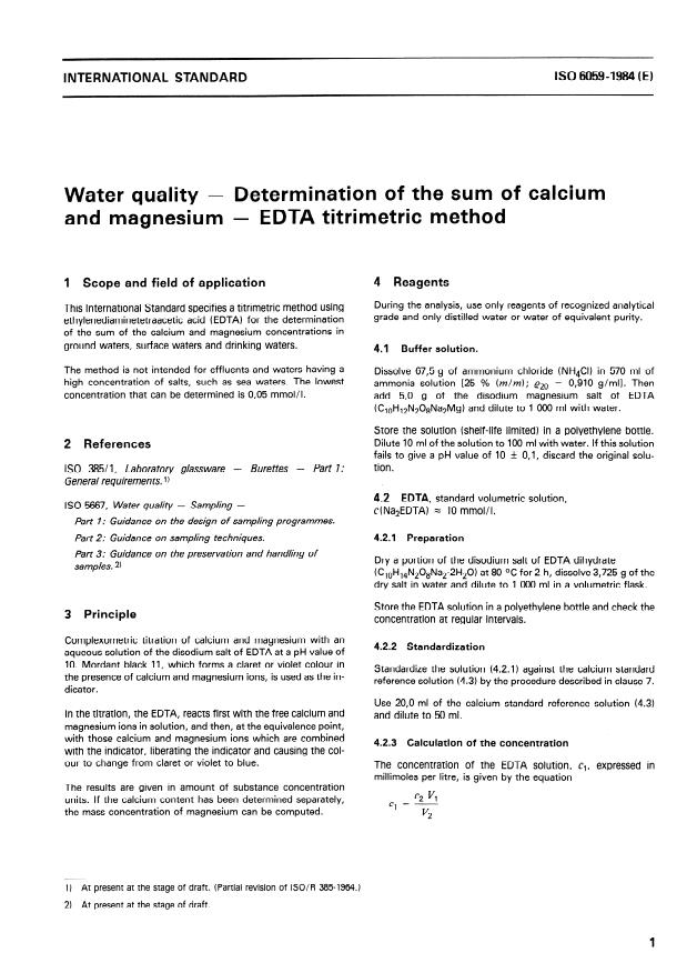 ISO 6059:1984 - Water quality -- Determination of the sum of calcium and magnesium -- EDTA titrimetric method