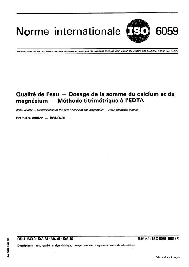 ISO 6059:1984 - Qualité de l'eau -- Dosage de la somme du calcium et du magnésium -- Méthode titrimétrique a l'EDTA