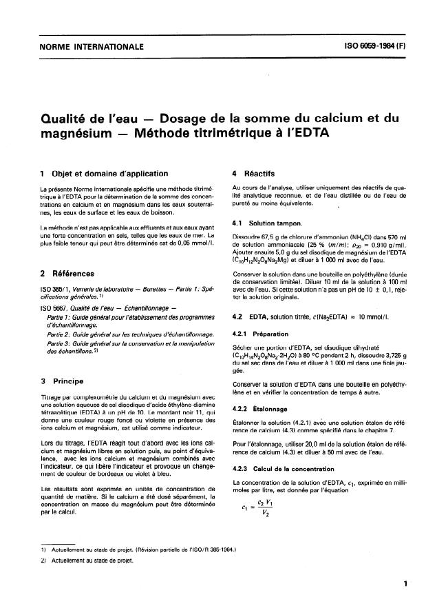 ISO 6059:1984 - Qualité de l'eau -- Dosage de la somme du calcium et du magnésium -- Méthode titrimétrique a l'EDTA