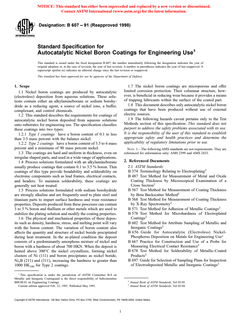 ASTM B607-91(1998) - Standard Specification for Autocatalytic Nickel Boron Coatings for Engineering Use