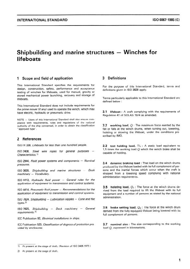 ISO 6067:1985 - Shipbuilding and marine structures -- Winches for lifeboats