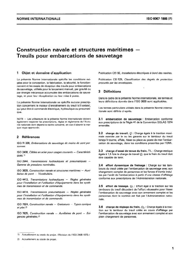 ISO 6067:1985 - Construction navale et structures maritimes -- Treuils pour embarcations de sauvetage