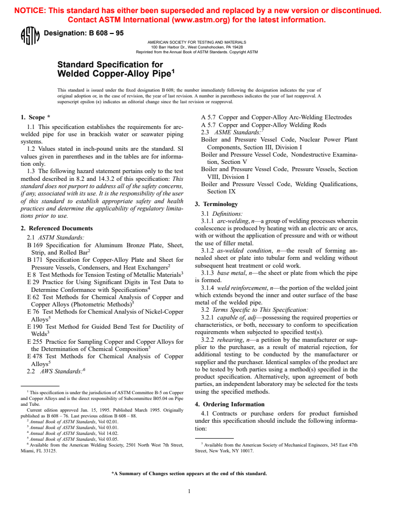 ASTM B608-95 - Standard Specification for Welded Copper-Alloy Pipe