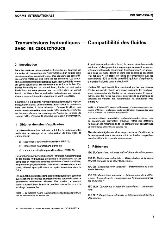 ISO 6072:1986 - Transmissions hydrauliques -- Compatibilité des fluides avec les caoutchoucs