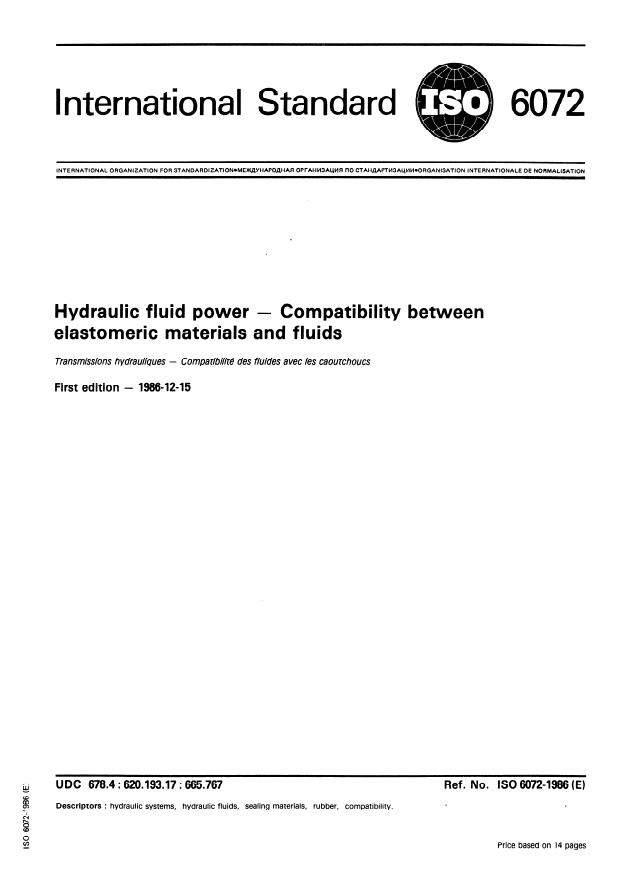 ISO 6072:1986 - Hydraulic fluid power -- Compatibility between elastomeric materials and fluids
