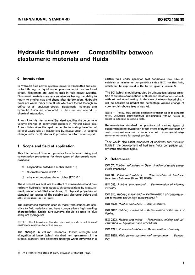 ISO 6072:1986 - Hydraulic fluid power -- Compatibility between elastomeric materials and fluids