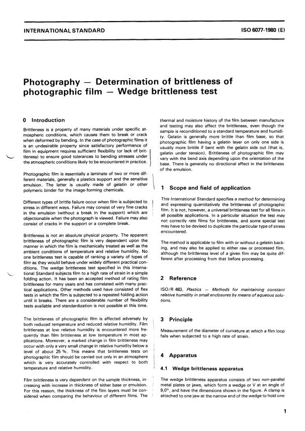 ISO 6077:1980 - Photography -- Determination of brittleness of photographic film -- Wedge brittleness test
