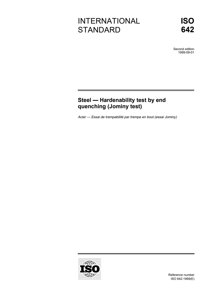 ISO 642:1999 - Steel — Hardenability test by end quenching (Jominy test)
Released:9/9/1999