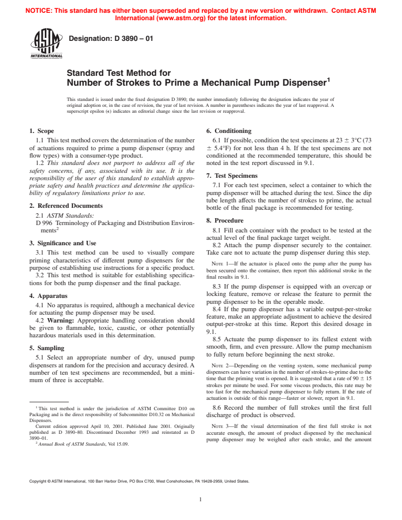 ASTM D3890-01 - Standard Test Method for Number of Strokes to Prime a Mechanical Pump Dispenser