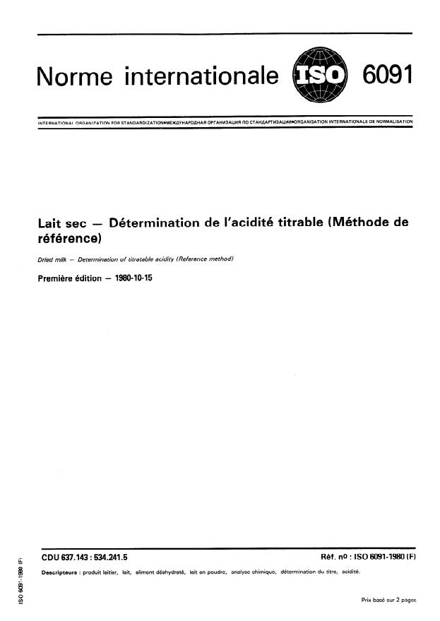 ISO 6091:1980 - Lait sec -- Détermination de l'acidité titrable (Méthode de référence)