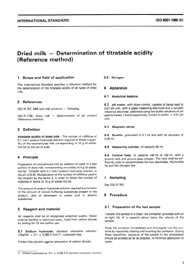 ISO 6091:1980 - Dried milk -- Determination of titratable acidity (Reference method)
