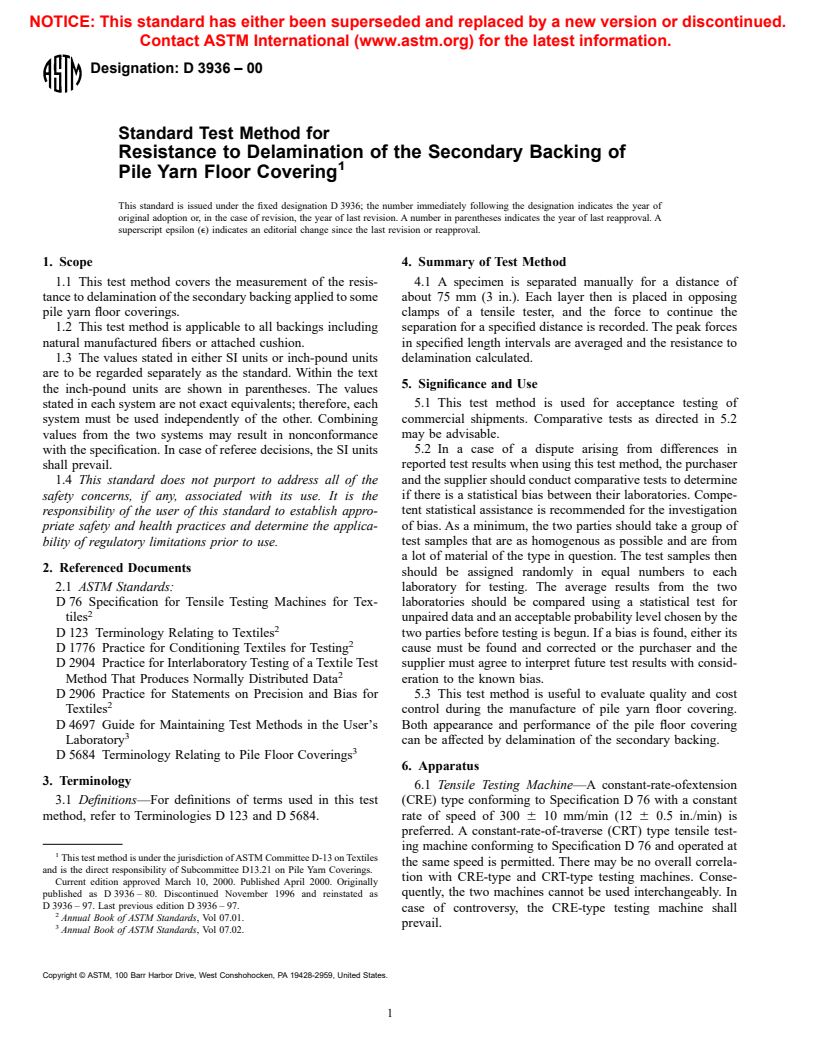 ASTM D3936-00 - Standard Test Method for Resistance to Delamination of the Secondary Backin of Pile Yarn Floor Covering