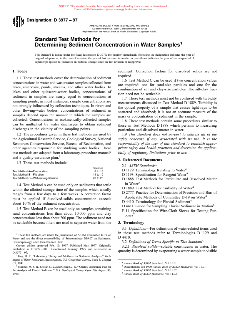 ASTM D3977-97 - Standard Test Methods for Determining Sediment Concentration in Water Samples