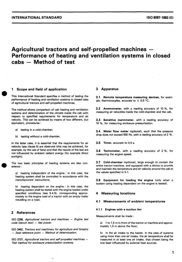 ISO 6097:1983 - Agricultural tractors and self-propelled machines -- Performance of heating and ventilation systems in closed cabs -- Method of test