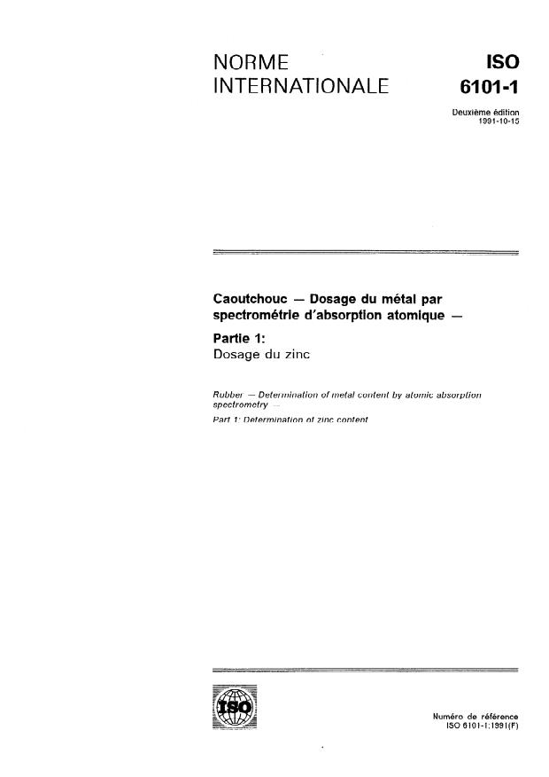 ISO 6101-1:1991 - Caoutchouc -- Dosage du métal par spectrométrie d'absorption atomique