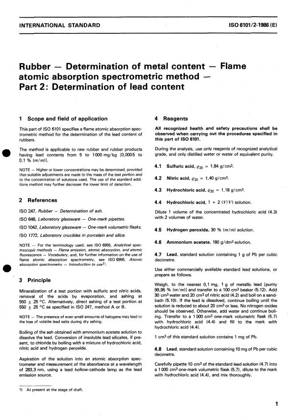 ISO 6101-2:1986 - Rubber -- Determination of metal content -- Flame atomic absorption spectrometric method