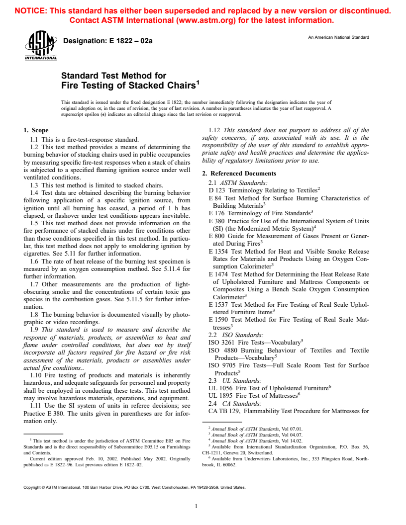 ASTM E1822-02a - Standard Test Method for Fire Testing of Stacked Chairs