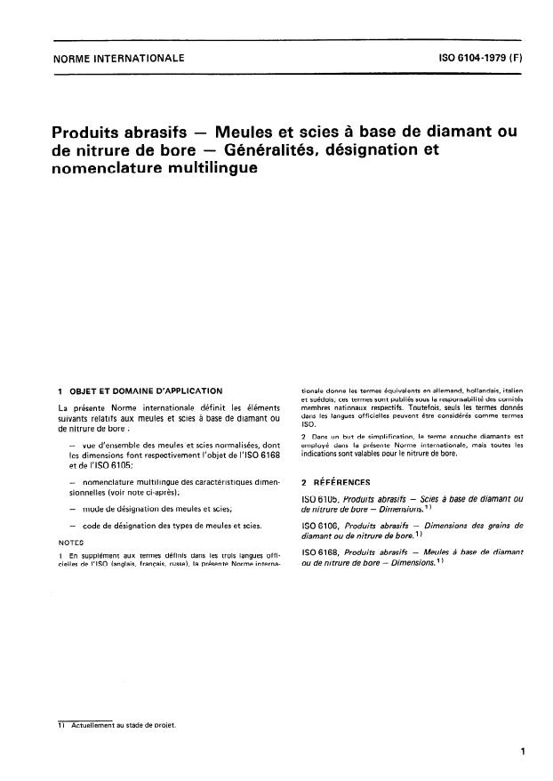 ISO 6104:1979 - Produits abrasifs -- Meules et scies a base de diamant ou de nitrure de bore -- Généralités, désignation et nomenclature multilingue