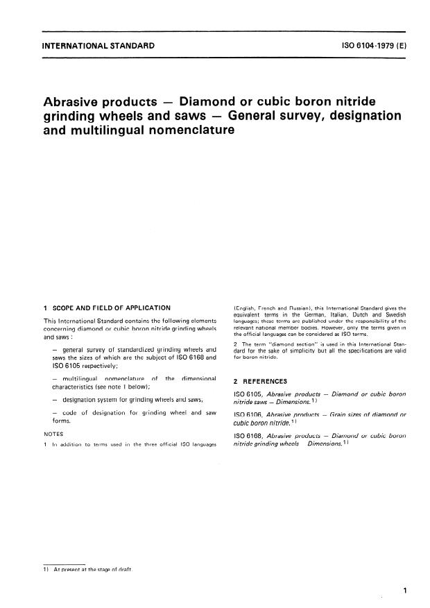 ISO 6104:1979 - Abrasive products -- Diamond or cubic boron nitride grinding wheels and saws -- General survey, designation and multilingual nomenclature