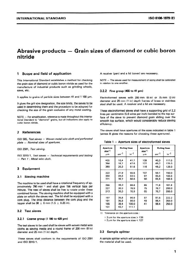 ISO 6106:1979 - Abrasive products -- Grain sizes of diamond or cubic boron nitride