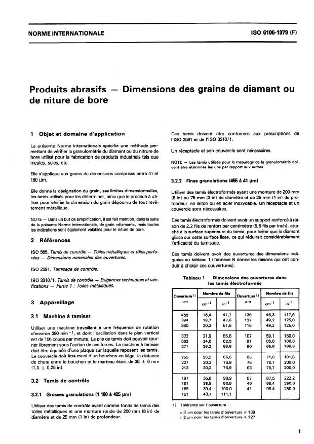 ISO 6106:1979 - Produits abrasifs -- Dimensions des grains de diamant ou de nitrure de bore