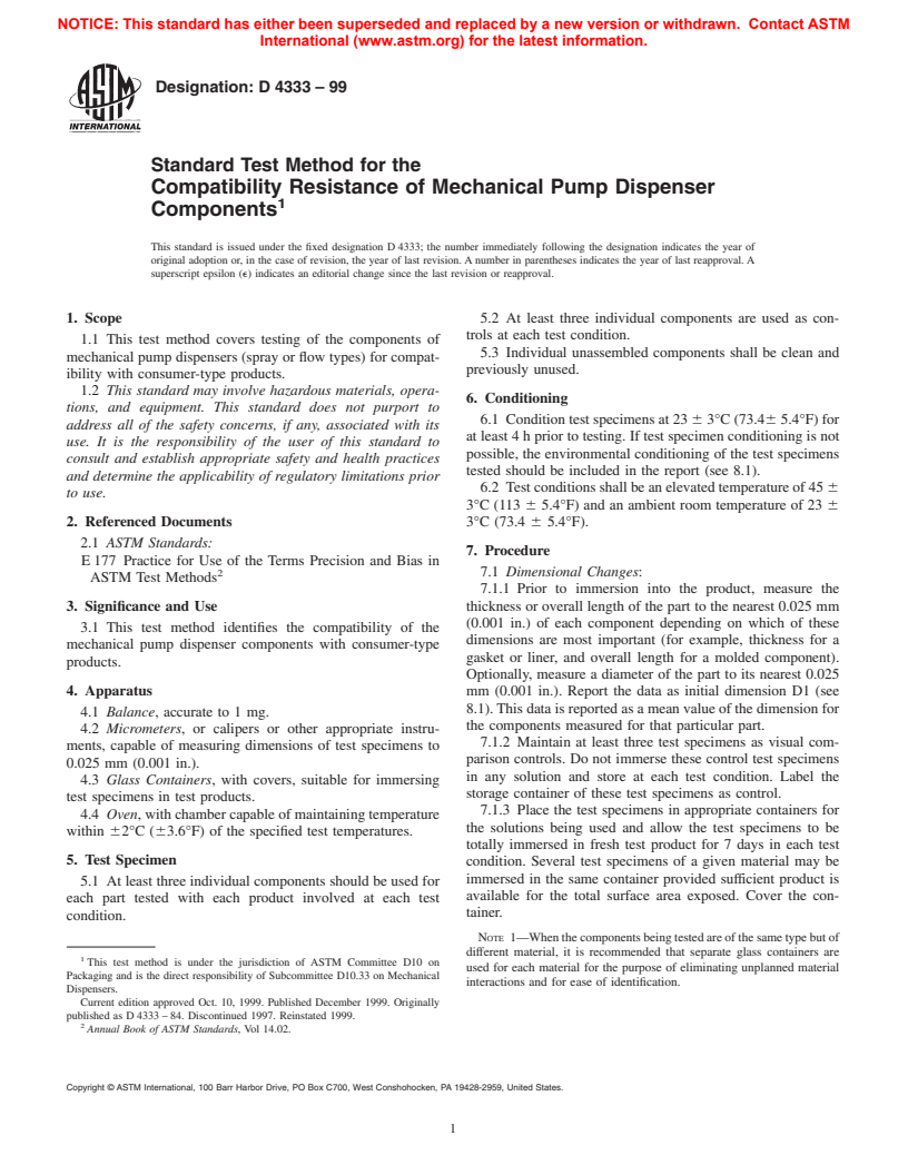 ASTM D4333-99 - Test Method for the Compatibility Resistance of Mechanical Pump Dispenser Components