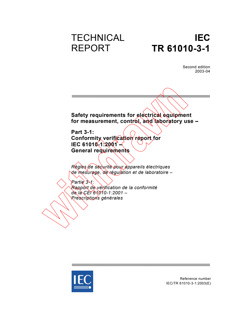 IEC TR 61010-3-1:2003 iec61010-3-1{ed2.0}en - IEC TR 61010-3-1:2003 - Safety requirements for electrical equipment for measurement, control, and laboratory use - Part 3-1: Conformity verification report for IEC 61010-1:2001 - General requirements
Released:4/25/2003
Isbn:2831869579