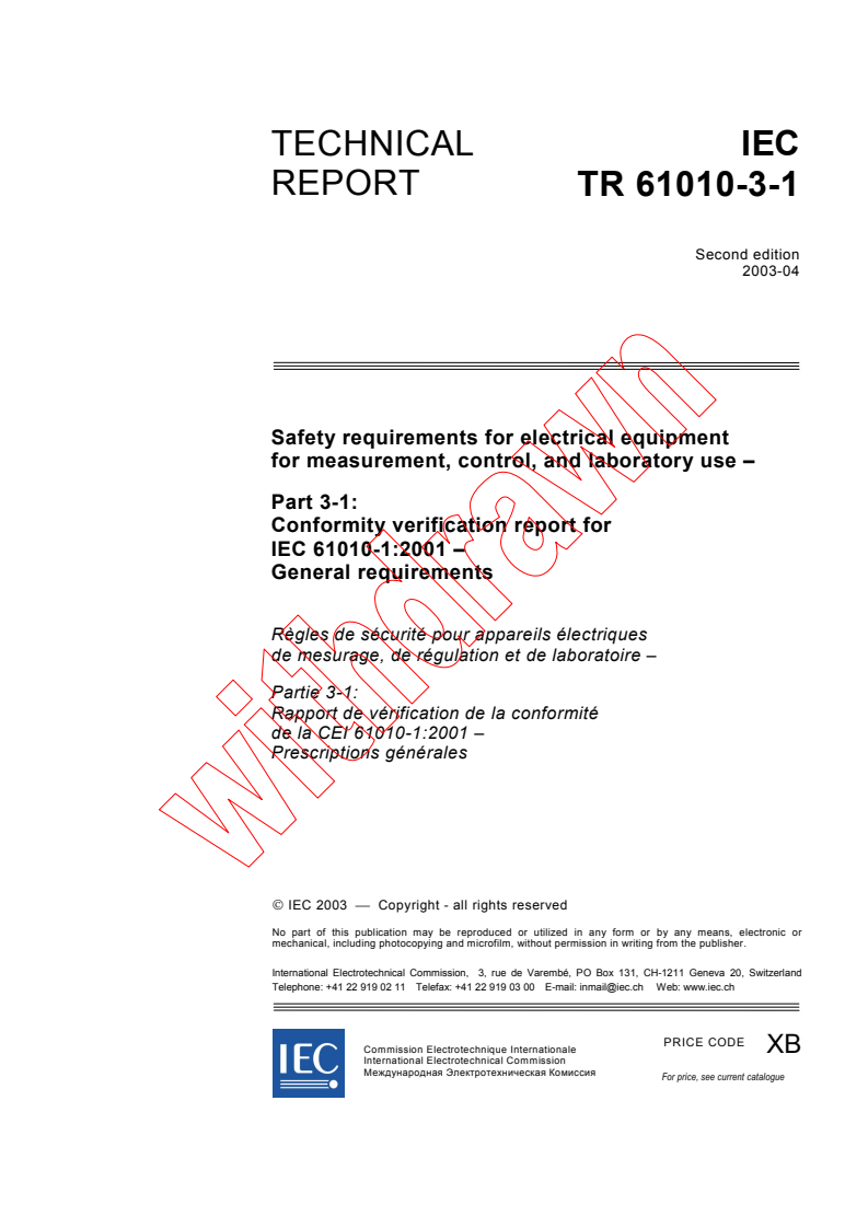 IEC TR 61010-3-1:2003 iec61010-3-1{ed2.0}en - IEC TR 61010-3-1:2003 - Safety requirements for electrical equipment for measurement, control, and laboratory use - Part 3-1: Conformity verification report for IEC 61010-1:2001 - General requirements
Released:4/25/2003
Isbn:2831869579