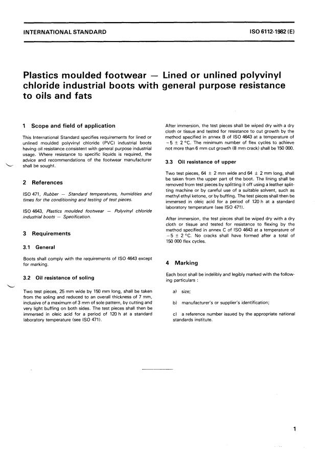 ISO 6112:1982 - Plastics moulded footwear -- Lined or unlined polyvinyl chloride industrial boots with general purpose resistance to oils and fats