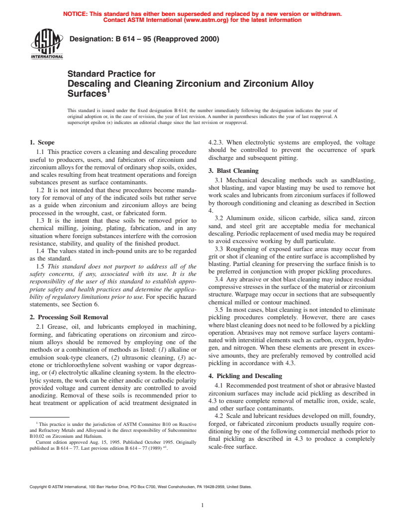 ASTM B614-95(2000) - Standard Practice for Descaling and Cleaning Zirconium and Zirconium Alloy Surfaces