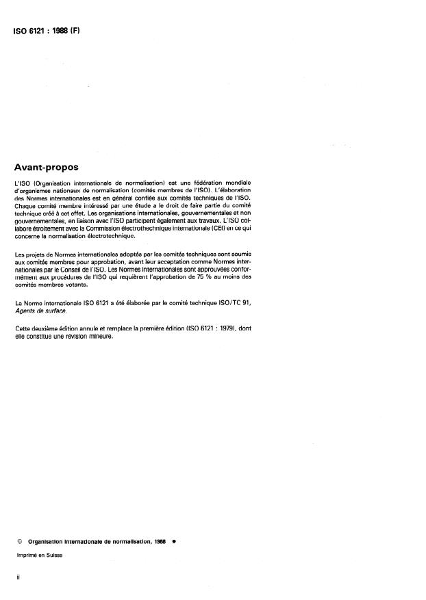 ISO 6121:1988 ISO 6121:1988 - Agents de surface -- Alcanesulfonates techniques -- Détermination de la teneur en alcanemonosulfonates par titrage direct dans deux phases - Page 2 preview
