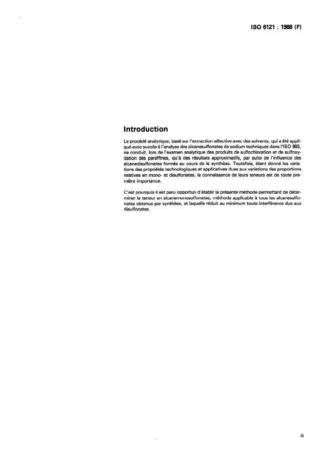 ISO 6121:1988 - Agents de surface -- Alcanesulfonates techniques -- Détermination de la teneur en alcanemonosulfonates par titrage direct dans deux phases