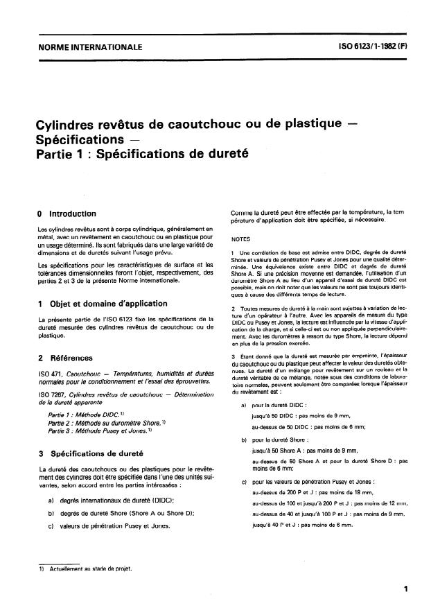 ISO 6123-1:1982 - Cylindres revetus de caoutchouc ou de plastique -- Spécifications