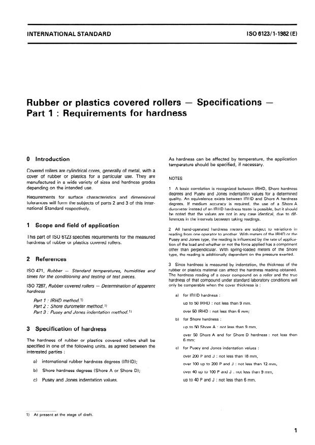 ISO 6123-1:1982 - Rubber or plastics covered rollers -- Specifications