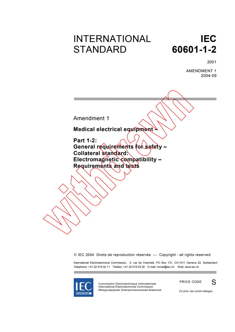 IEC 60601-1-2:2001/AMD1:2004 - Amendment 1 - Medical electrical equipment - Part 1-2: General requirements for safety - Collateral standard: Electromagnetic compatibility - Requirements and tests
Released:9/28/2004
Isbn:2831876540